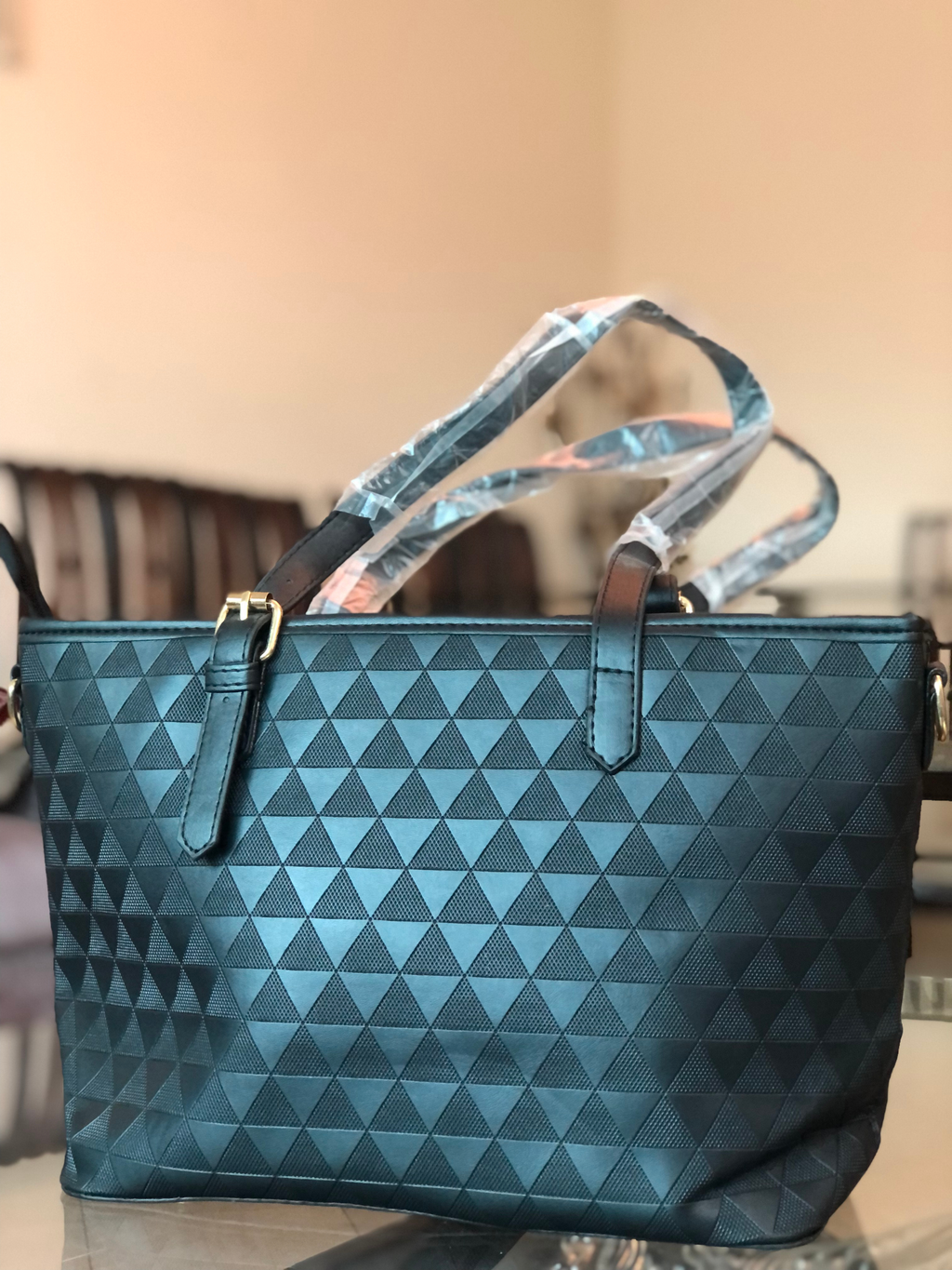 Black Embossed Geometric Tote Handbag