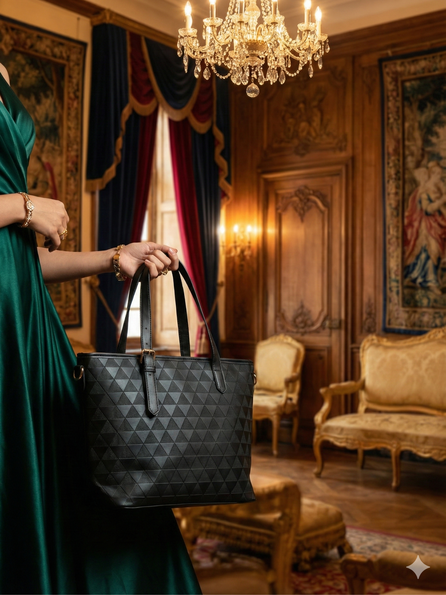 Black Embossed Geometric Tote Handbag