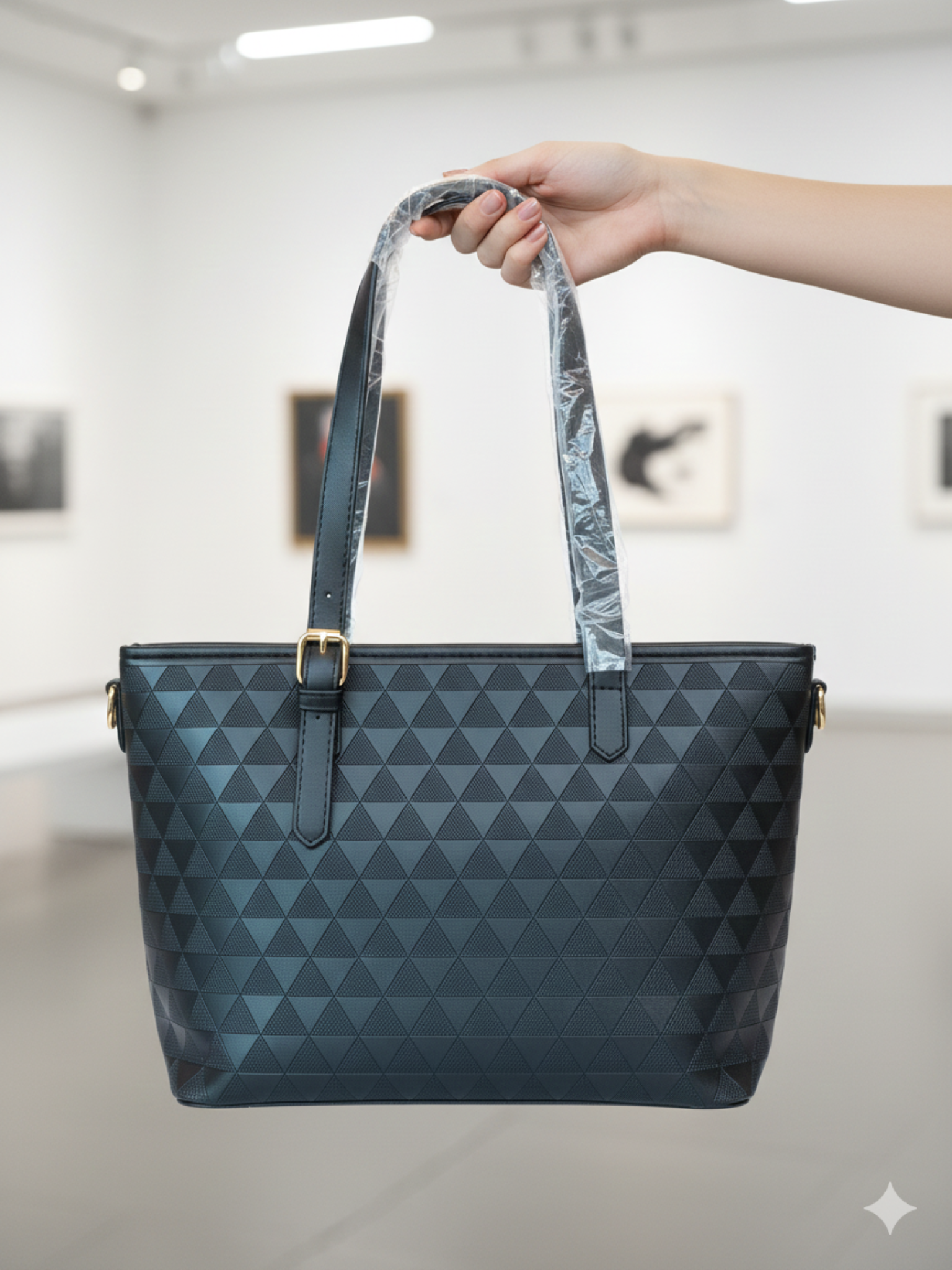 Black Embossed Geometric Tote Handbag